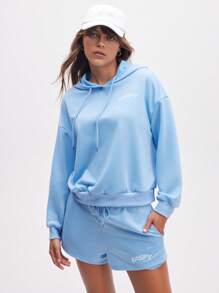 Eassivo Eassivo 女士连帽抽绳落肩长袖宽松休闲运动衫 - 藍色 - 查看 5