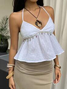 Sunnyshic Top tipo tank sin espalda con cuello, lazo y flecos, con flequillo y lazada, para vacaciones casuales de verano para mujer - Blanco - Ver 3