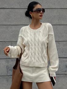 DAZY French Crew Neck Fluffy Rolled Cuff Cable Knit Solid Color Soft & Cozy Loose Pullover Sweater, Autumn/Winter - Apricot - View 8