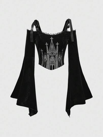 EDITION Blusa con hombros con lazo, mangas acampanadas, cuello cuadrado, parches de encaje y bordado de castillo gótico en negro para mujeres, Halloween
