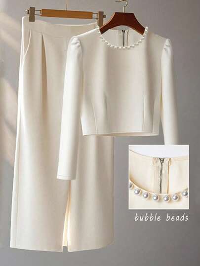 GlowEve Bộ 2 món: Áo dài tay đính hạt độc đáo và chân váy midi, phong cách thanh lịch cho mùa thu/đông