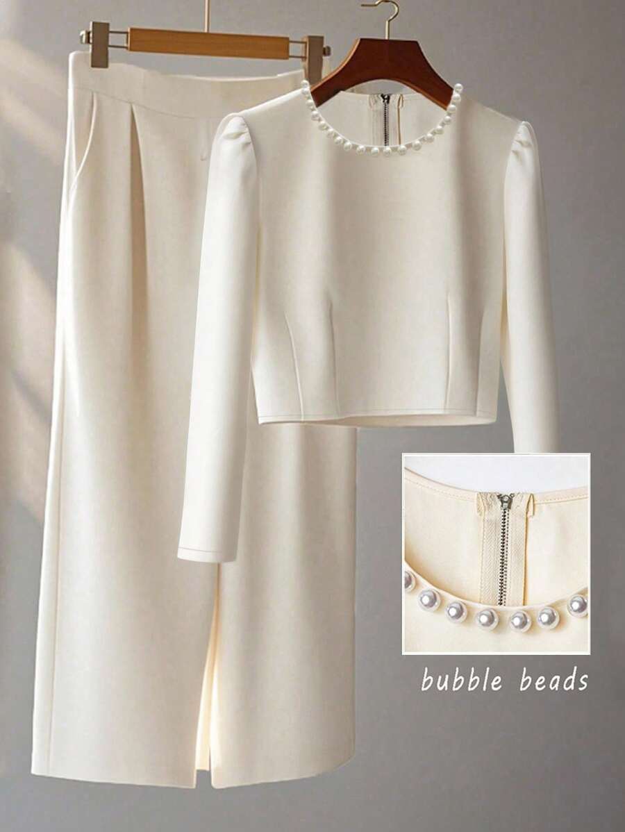 GlowEve 2 件套：独特的串珠长袖上衣和中长裙，秋冬优雅风格 - 杏色 - 查看 1