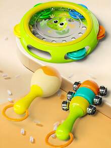 Zazumi 3PCS Baby Rattle Toy Set Gift Box Newborn Grasp Training Sensory Toys Colorful Shaker Drum Early Learning First Year Development Musical Instruments  Material Soft Touch Design(Style Accessories Random)