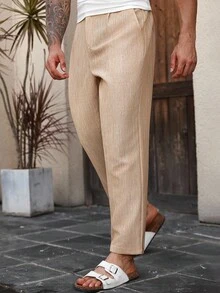 Manfinity Homme Quần dài đi nghỉ thường ngày vải lanh hai màu cỡ lớn dành cho nam - Màu Khaki - Xem 3