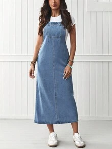 EMERY ROSE 女士時尚純色牛仔連身裙 - 淺色水洗藍 - 查看 3