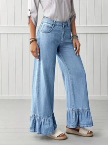 Jeans de pierna ancha con dobladillo de volantes para mujer - Lavado ligero - Ver 1