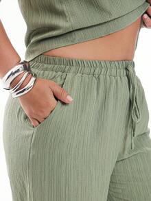 Solavibe Plus Size 2pcs Set: Textured Twist Front Tank Top Shirt And Straight Leg Casual Pants, Holiday