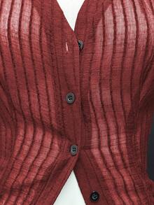 EgrlEra 女式纹理条纹透明短袖单排扣衬衫 - 酒紅色 - 查看 3