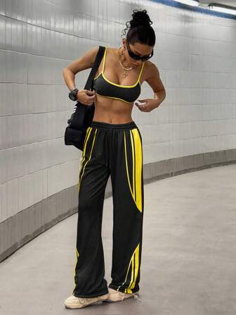 StreetHx 2pcs/Set Women Casual Streetwear Splicing Color Tank Top And Sweatpants