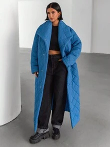 EURMUSE 女式绗缝长袖单排扣宽松口袋休闲长款夹克 - 藍色 - 查看 3