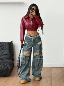 Coolane 女款秋季街頭風街頭穿搭外出夜生活約會辦公穿著復古酒紅皮革短夾克 - 酒紅色 - 查看 5