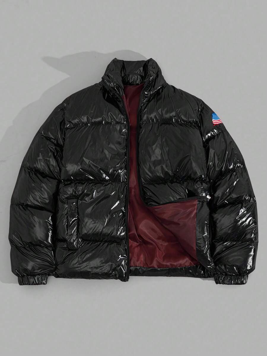 EURMUSE 男士高品质高领特殊闪亮面料常规冬季外套 - 黑色 - 查看 1