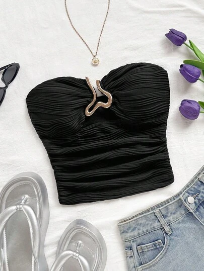 Soleia Damsemester Vinröd Ankararöd Vågig Stickad Textur Ihålig Hjärtformad Metallspänne Dekor Åtsittande Croppad Topp, Lämplig För Fest, Dejt, Afternoon Tea, Strand, Musikfestival, Karneval, Kan Bäras Ensam Eller Som Lager På Lager