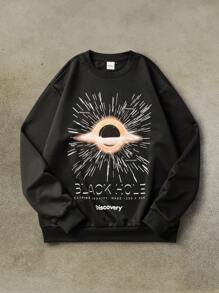 Discovery X SHEIN 男式字母和图案印花圆领长袖套头衫，2000 年代风格，秋季 - 黑色 - 查看 1