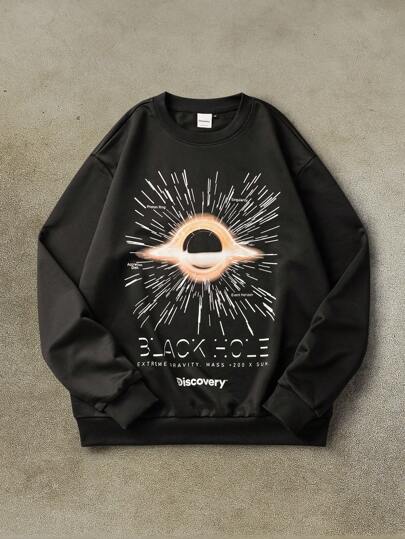 Discovery X SHEIN 男式字母和图案印花圆领长袖套头衫，2000 年代风格，秋季