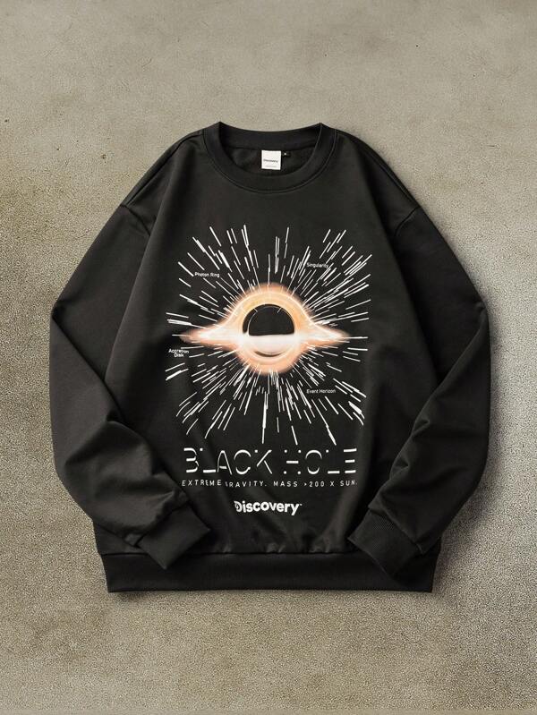 Discovery X SHEIN Men's Letter & Graphic Print Crew Neck Long Sleeve Pullover Sweatshirt, 2000s Style , Fall