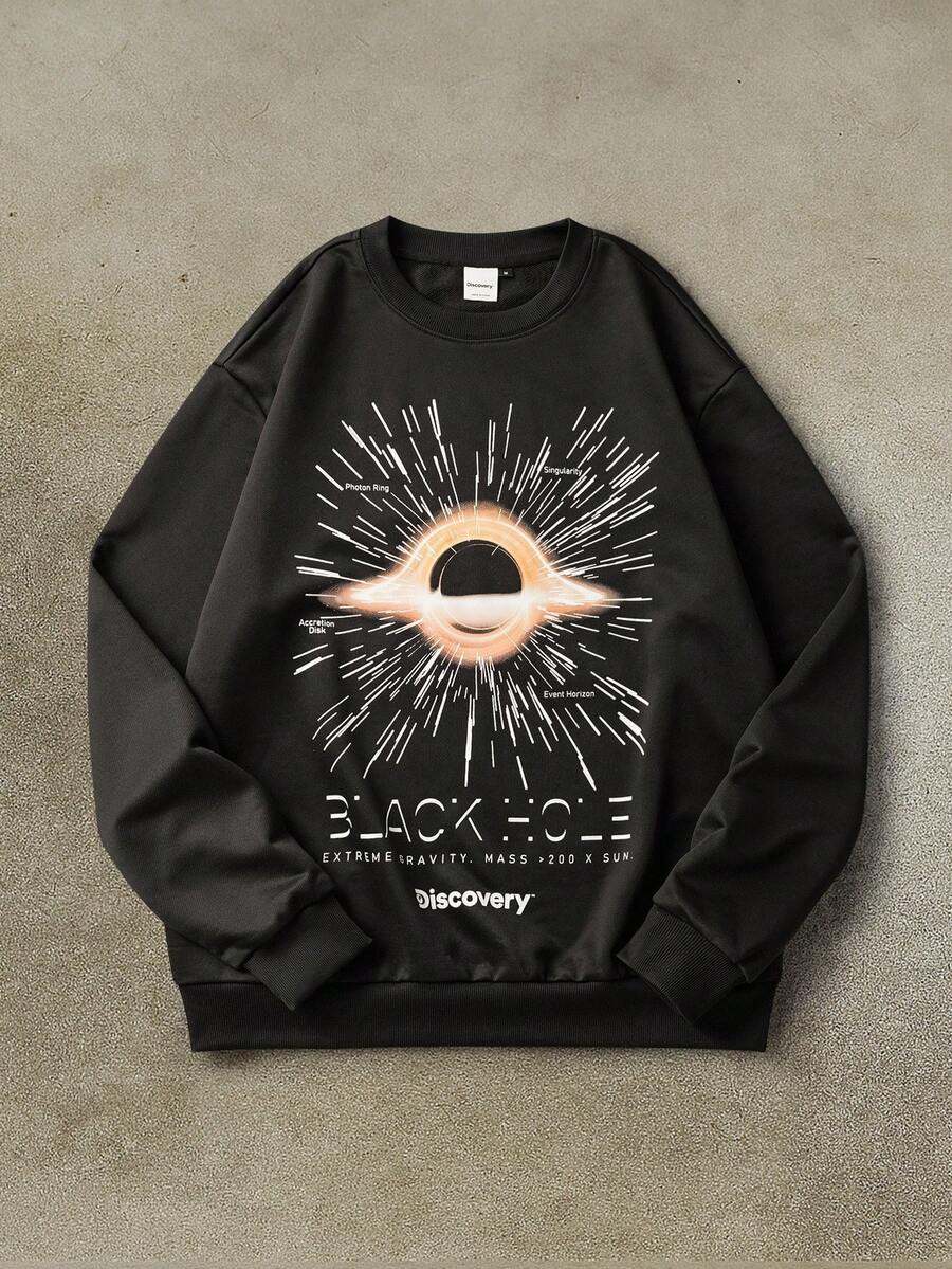 Discovery X SHEIN 男式字母和图案印花圆领长袖套头衫，2000 年代风格，秋季 - 黑色 - 查看 1