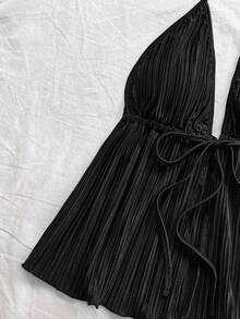 Soleia Damen Plissee strukturierte rückenfreie Neckholder Krawatte Träger Rüschen Saum Trägerhemd, Urlaubskleidung