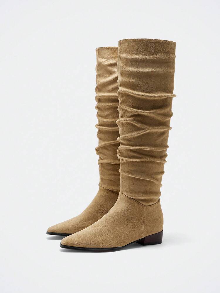 Women's Fashionable Khaki Color Low Heel Over-The-Knee Boots