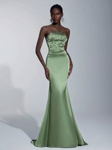 Elitara Elegante vestido de cola de sirena con cintura fruncida y adornos de strass hechos a mano, adecuado para citas, vacaciones, bodas, eventos formales y galas - Verde hierba - Ver 8