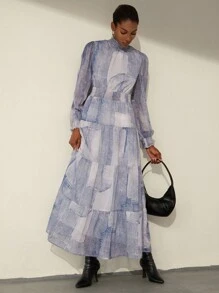 Aveloria Modichic New Chiffon Random Print Long Sleeve Dress With Flared Hem, Fashionable For Early Autumn Fall Cloth For Women - Multicolor - View 6