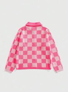 ROMWE MEN Prep Men's Plaid Jacquard Embroidered Pattern Cardigan, Fall/Winter - Pink - View 3