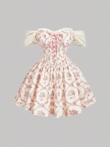 SHEIN MOD Váy ngắn hở vai in họa tiết hoa màu hồng cỡ lớn cho nữ - Nhiều màu - Xem 3