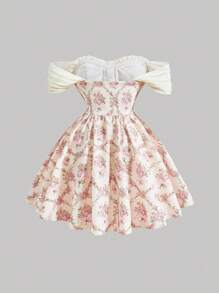 SHEIN MOD Váy ngắn hở vai in họa tiết hoa màu hồng cỡ lớn cho nữ - Nhiều màu - Xem 2