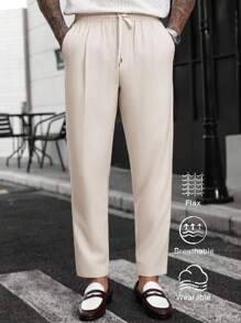 Manfinity Homme Quần vải lanh trơn màu trơn có dây rút, túi chéo, cạp chun cho nam, quần vải lanh công sở thường ngày có dây rút, quần ống rộng - Màu be - Xem 5