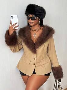 Maweii 2025 Plus Size Women's Elegant Date Night Fashion Dramatic Fur Collar Decor Chic Overcoat, Autumn/Winter Fall