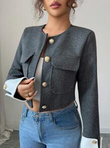 Elenzga Metal Buckle Decor + Color Block Short Jacket Fall Winter Cloth For Women - Dark Grey - View 3