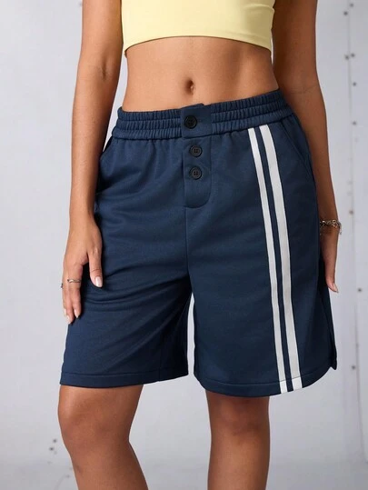 Streetz SHEIN Sport Quần short thể thao rộng rãi, kẻ sọc cài nút phía trước dành cho nữ Quần short thường ngày dành cho nữ Quần short thể thao dành cho nữ Quần short thể thao dành cho nữ Quần short xanh navy dành cho nữ