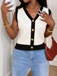 SHEIN PETITE CURVE 大码撞色边无袖毛衣背心，简约时尚 - 米色 - 查看 4