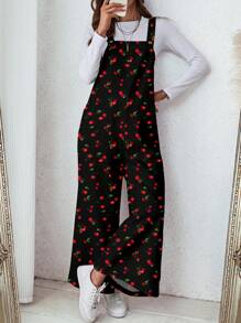 SHEIN LUNE Women's Casual Cherry Print Pocket Loose Jumpsuit, Suitable For Autumn/Winter Cherry Print Jumpsuit