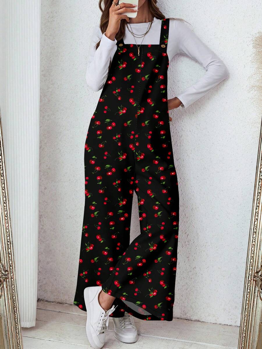 SHEIN LUNE Women's Casual Cherry Print Pocket Loose Jumpsuit, Suitable For Autumn/Winter Cherry Print Jumpsuit