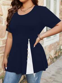 加大撞色拼接纽扣细节T恤 图案T恤 女式上衣