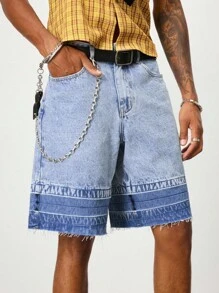 ROMWE MEN Casual Men's Fashion Pockets Frayed Hem Color Block Denim Shorts - Blue - View 1