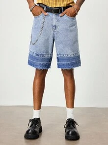 ROMWE MEN Casual Men's Fashion Pockets Frayed Hem Color Block Denim Shorts - Blue - View 4