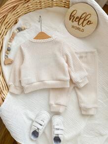 SHEIN 2pcs Newborn Baby Boy Letter Embroidered Crew Neck Long Sleeve Top And Elastic Cuff Pants Set Fall Winter - Apricot - View 2
