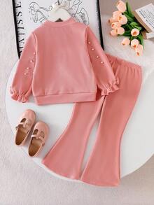 Genkimix Kids 2pcs Girls (Small) Knitted Sweatshirt With Bow & Pearl Decor, Round Neck Top And Flared Pants Set, Casual Outfit For Spring/Autumn Girls Lounge Set Girls Comfy Set Girl Long Sleeves Outfits Elegant Set For Girls Pearl Embellished Girls Outfit Fall Winter