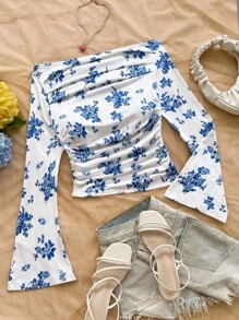 Soleia Long Sleeves Fall Casual Fall Women's Textured Knit Off Shoulder Ruched Blouse With Flare Sleeves, Blue & White Print - Blue and White - View 5