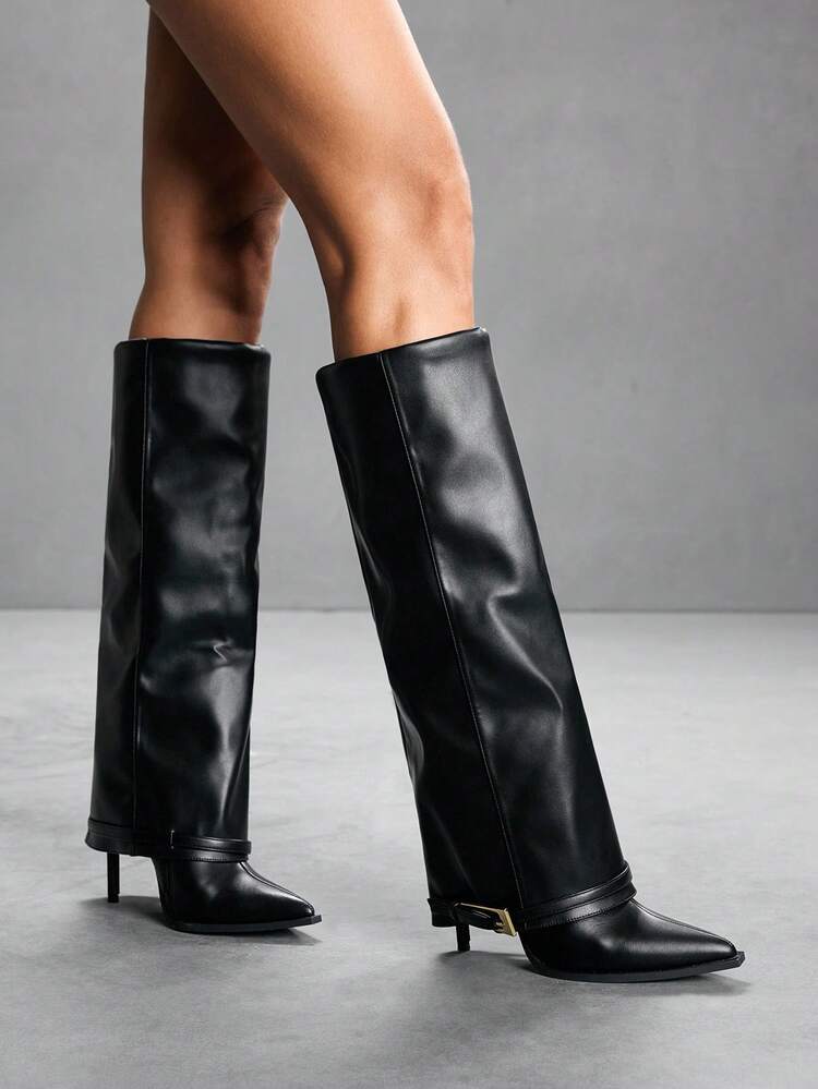 CUCCOO SZL Sexy Fashion Metal Buckle Detail Pointed Toe Stilettos Casual Versatile Black Over-The-Knee Boots For Women