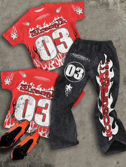 Tween Boy Casual Comfortable Minimalist Round Neck Short Sleeve T-Shirt And Flare Pants Set, 03, COURAGE, Graffiti, STREETSTYLE, Kids' Choice Collection, Everyday Basic, Happy Kids, Pastel Colors For Kids, Bikercore, Family Trip, Happy Days, I Love Mommy, I Love Daddy