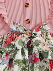 SHEIN 1pc Young Girl' Printed Long Sleeve A-Line Dress With Ribbed Waist - Pink - View 7