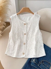 CosyJoli 大码女式宽松休闲纹理提花圆领背心夹克蕾丝白色上衣白色纽扣背心白色蕾丝背心女式蕾丝上衣女式夏季背心秋冬 - 杏色 - 查看 3