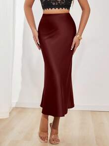 Glamine 女士纯色美人鱼款长裙，缎面材质，优雅A字裙摆，适合女士参加派对和日常穿着 - 紫紅色 - 查看 3