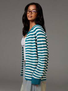 Athîral 女士休闲通勤条纹轻薄开衫条纹开衫女开衫夏季开衫蓝绿色开衫秋冬白色开衫 - 彩色 - 查看 3