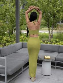 Carolina Barros Solid Crop Halter Top & Twist Front Split Thigh Skirt Two Piece - Green - View 2