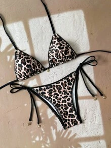 Swim Vcay 女式两件套豹纹蕾丝花边吊带比基尼套装，带贝壳装饰，性感系带比基尼套装，夏季沙滩装 - 彩色 - 查看 3
