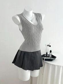 Elamini 女式V领休闲百搭学院风针织背心 - 灰色 - 查看 4